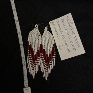 Native Style White and Red Glass Seed Beaded Earrings 1pr Hand Made Dangle